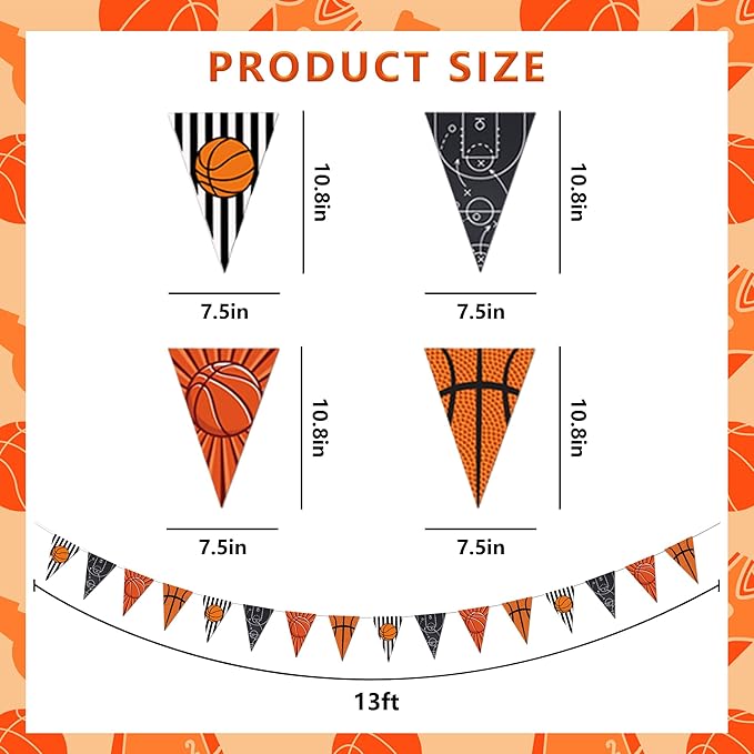 Basketball Party Decorations 4 Pcs Basketball Banner Pennant Basketballs Garland Triangle Flags Sports Party Decorations for Party Supplies Hanging Decoration