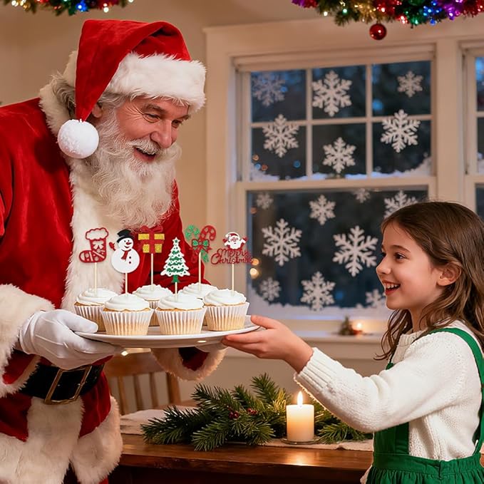 Christmas Cupcake Toppers Cake Decorations, 24 PCS Merry Christmas Cake Topper, Glitter Santa Clus Snowman Xmas Tree Decorative Cupcakes Ficks Food Picks for Xmas Holiday Party Decoration Supplies