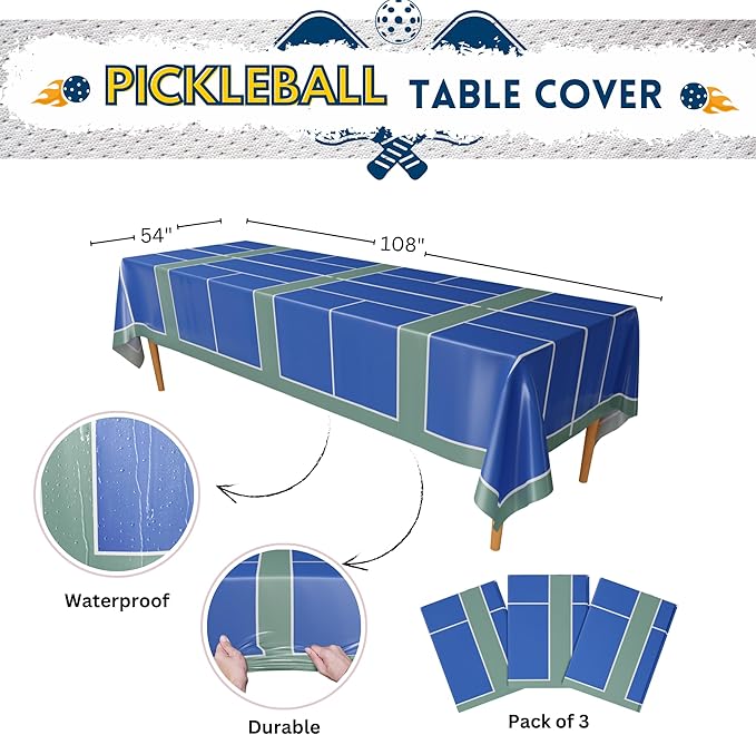 Blue Orchards Pickleball Table Cover (Pack of 3) - Pickleball Party Supplies and Decorations Sports Themed Plastic Tablecloth Birthday Baby Shower Tableware