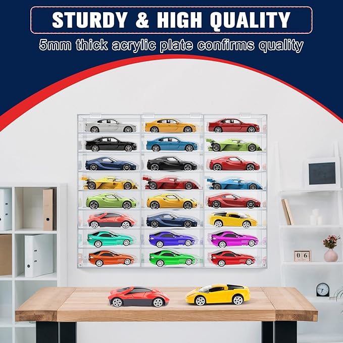 Juexica Clear Acrylic Toy Car Display Case 1: 24 Scale Diecast Display Box Wall Mounted Shelf for Storage Toy Car Mini Model Race(24 Grids)