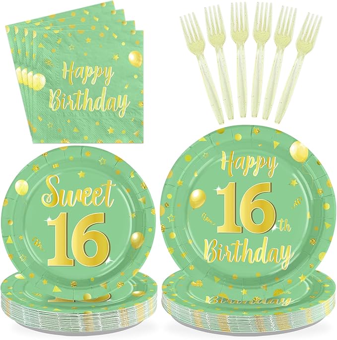 96 Pcs Sweet 16 Happy Birthday Party Decoration Sage Green and Gold Plates and Napkins Sweet 16th Birthday Tableware Set for Boy Girl 16 Years Party Supplies, Serves 24