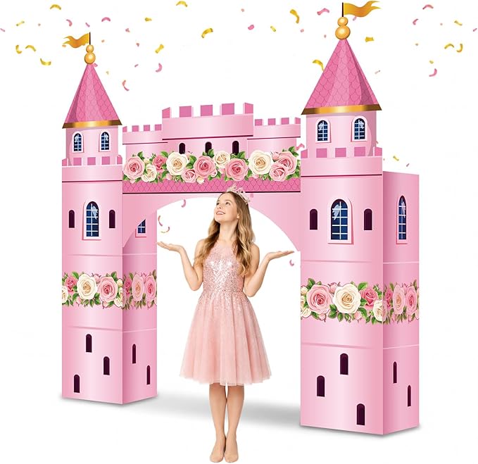 Pajean 9 Pcs Princess Party Decorations 43 x 60 Inch Pink Princess Cardboard Castle Playhouse Kit Floral Castle Fort Set Girl Birthday Centerpiece for Bridal Shower, Tea Party, Wedding Decor