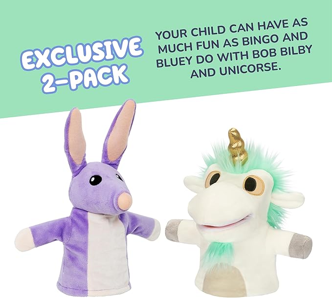 Bluey Unicorse & Bob Bilby Hand Puppet Plush 2-Pack – 8-9” Soft Deluxe Fabric, Embroidered Details, Perfect for Toddler Hands, Imaginative Play, Official Bluey Toys, Amazon Exclusive