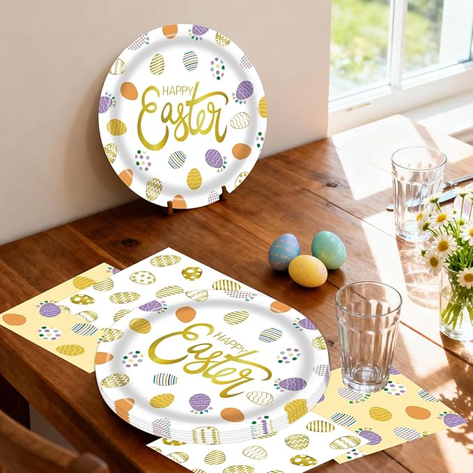 50pcs Easter Paper Plates &Napkins, Disposable 7IN Easter Plates Egg Dinner Napkins Double-sided Paper Party Supplies for Happy Easter Spring Baby Shower Birthday Dinner Decorations Serve 25