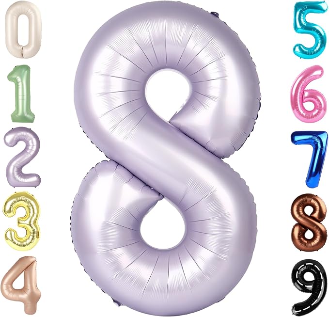 40 Inch Number 8 Balloon, Cream Purple 8 18 28 80 Birthday Balloons for Men Boys, 8th Birthday Decorations Party Supplies, Wedding, Graduations