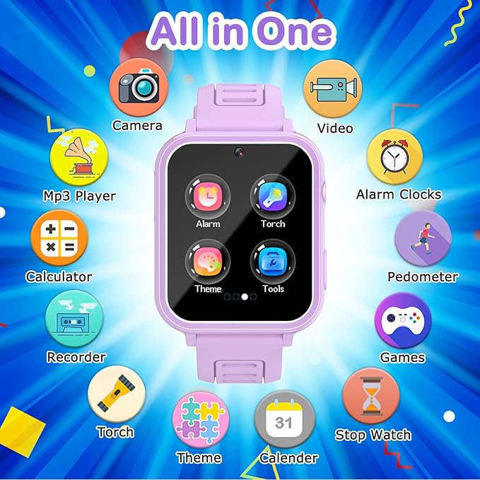 Cosjoype Kids Smart Watches Girls Gift Age 3-12, with 39 Puzzle Games HD Video Camera Music Player Learning Cards Storybook Pedometer Flashlight Touchscreen Kid Watch Brithday Gift for Girls