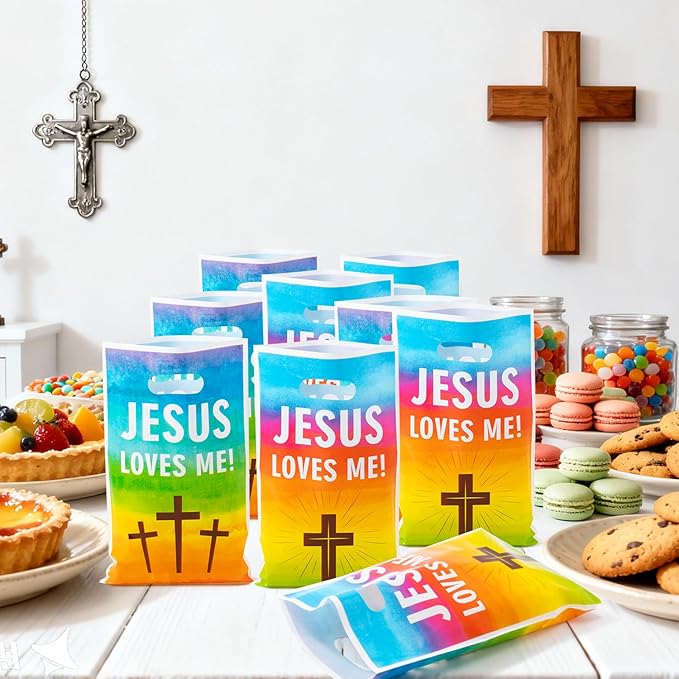 Jesus Loves Me Party Favor Bag - 50Pcs Rainbow Religious Christian Goodie Candy Treat Gift Bags Christian Cross Party Supplies for Valentine's Day Sunday School VBS Church Bible Verse Easter Birthday