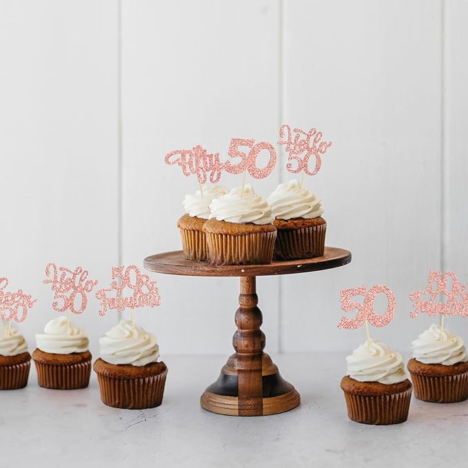 30pcs Happy 50th Birthday Cupcake Toppers - Rose Gold Glitter Fifty Cheers to 50 Years Old Cupcake Picks for Anniversary Party Cake Decorations
