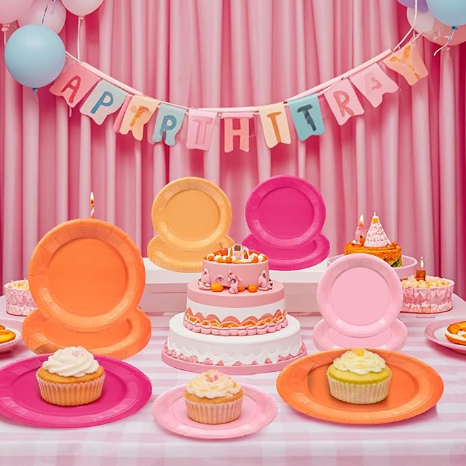 Pink and Orange Party Decorations,180pcs Sunset Tropical Pink Orange Plates and Napkins Tableware Sets for Birthday,Baby Shower, Bachelorette Party,Serves 60