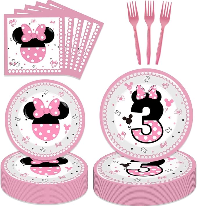 80 Pcs Pink 3rd Birthday Party Tableware Pink Wild Three Paper Plates Napkins Forks for Girls Three Years Old Birthday Party Supplies Decorations