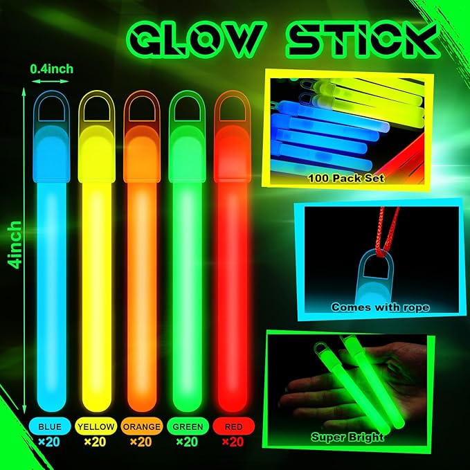 Lewtemi 100 Pack 4" or 6" Bright Glow Sticks Bulk, Glow in the Dark Party Supplies Birthday and Holidays (4 Inch,Colorful)