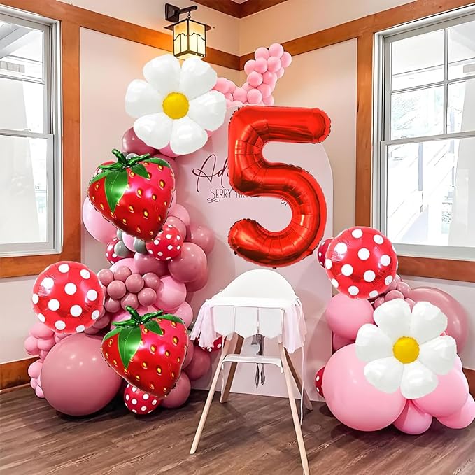 Strawberry Balloons Fifth Birthday Decorations for Girl, 40 Inch Mylar Red Number 5 Balloons, Strawberry Balloon for Strawberry Party Decorations, Strawberry Themed Party