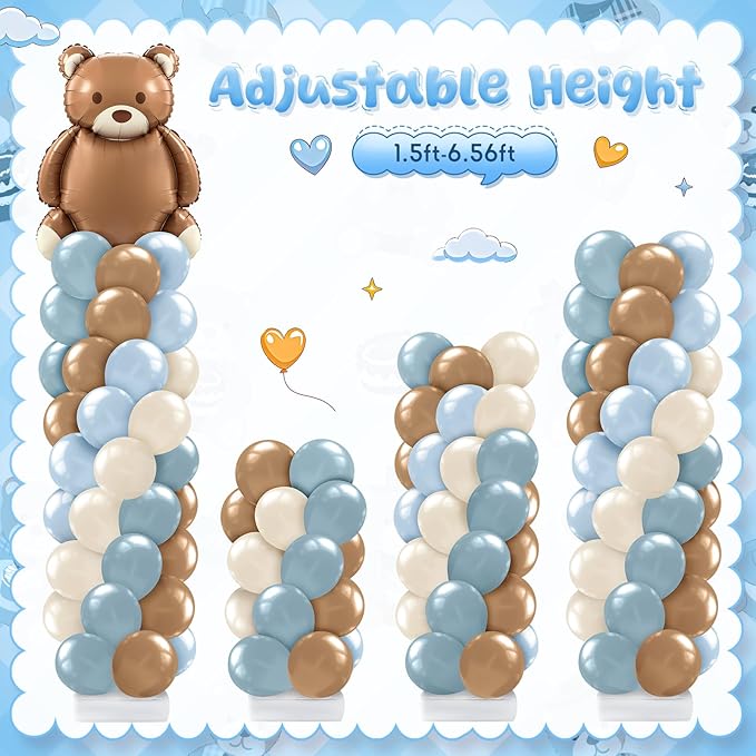 Kasyat 2 Set Bear Baby Shower Balloon Column Stand Kit Dusty Blue and Brown Balloon Arch Garland Kit, Bear Baby Shower Decorations Backdrop for Gender Reveal Birthday Party Supplies