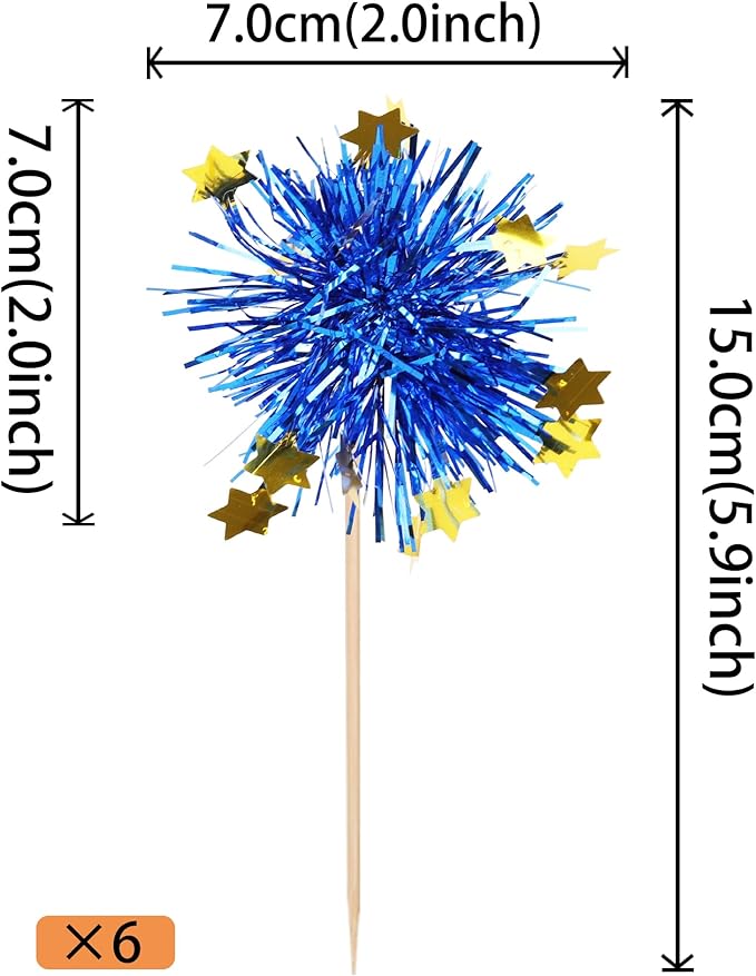 30 PCS Foil Firework Cupcake Toppers Happy Birthday Star Cupcake Picks Sparkle Tinsel Drink Stirrers Cocktail Fruit Toothpicks for Valentine's Day Wedding Birthday Party Decorations Supplies Blue