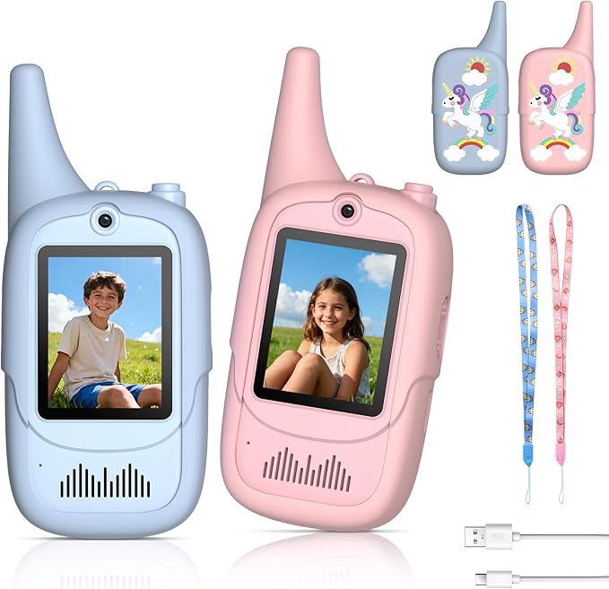 FUNYKICH 2PCS Video Walkie Talkies for Kids with Unicorn-Themed Protective Case, Rechargeable Handheld Kids Video Intercom, Indoor Outdoor Toys for Games, Camping, Hiking for Boys Girls Ages 3-12