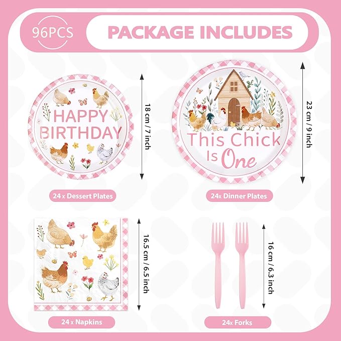 96Pcs Chicken 1st Birthday Party Supplies This Chick Is One Party Plates and Napkins Disposable Farm Animal Barnyard Little Chick Tableware Set for Kids Baby Shower One Year Old Birthday Decor