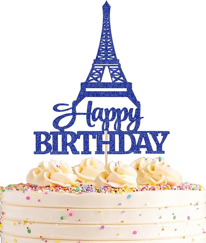 Eiffel Rower Birthday Cake Topper - Royal Blue Glitter Eiffel Rower Theme Birthday Party Cake Decoration Supply - Boy or Girl Architecture Theme Party Cake Decor Photo Prop