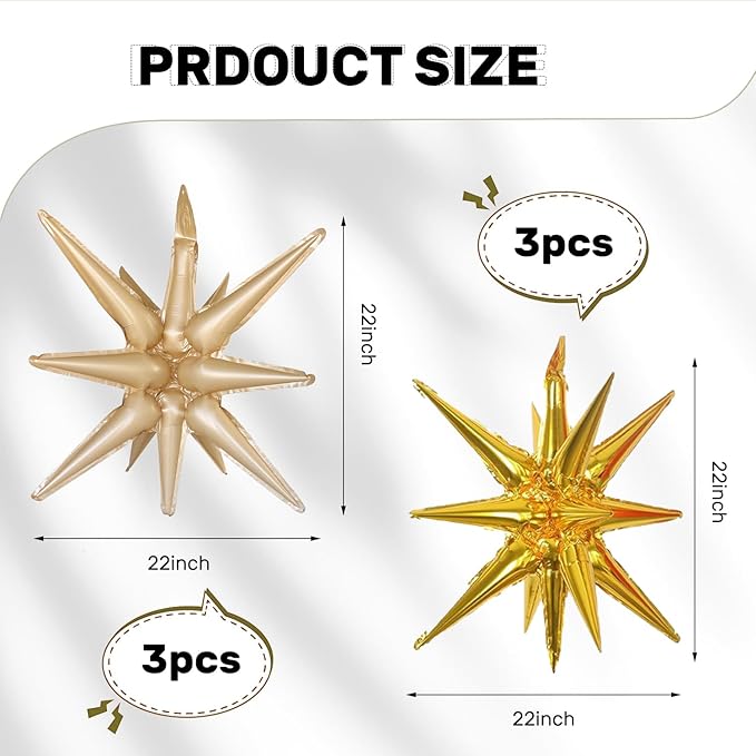 6 Pcs Foil Balloons Gold and Caramel Colour One-Piece 14-Pointed Star Balloon 4D Starburst Cone Mylar Balloon 22inch Christmas Birthday Wedding Party Supplies (Gold + Caramel Colour)