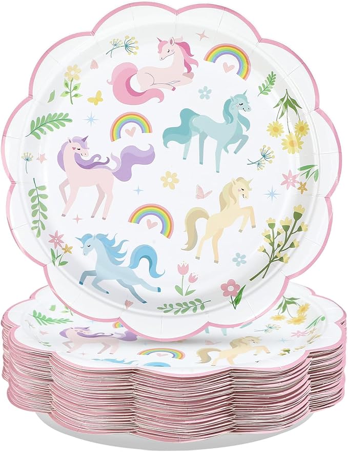 50Pcs Magical Pastel Unicorn Birthday Paper Plates 9 Inch Heavy Duty Pastel Rainbow Disposable Dessert Plates Pink Unicorn Party Decorations for Girls' Birthday Baby Shower Party Supplies