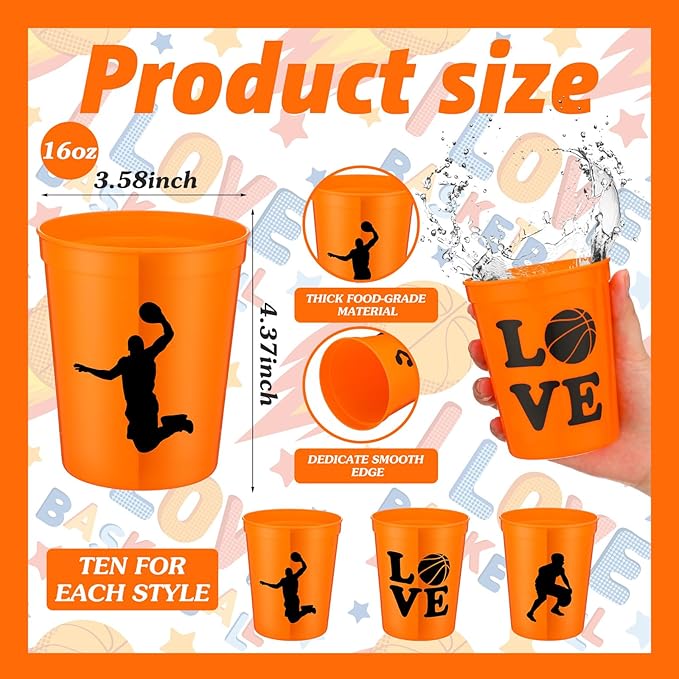 Zhehao 30 Pcs Sport Ball Plastic Cups Hockey Football Basketball Plastic Reusable Drink Cups Bulk 16 oz Stadium Tumbler Stackable Sports Tumbler for Sport Party Supplies(Basketball,Orange)
