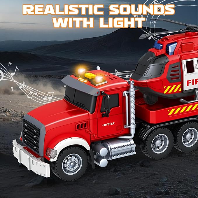 21" Large Semi Fire Truck with Helicopter & Racing Car,Fire Toys Car for Kids Toddlers 3 4 5 6 7, Friction Powered Vehicle with Lights & Sounds,Christmas Birthday Gift for Boys Girls