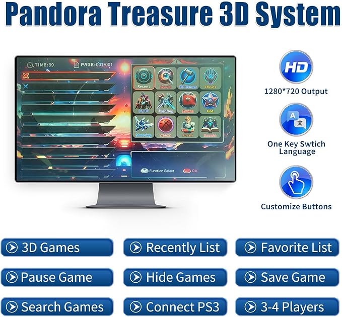 32000 Games 3D Pandora Box Arcade Game Console,Retro Video Game Machine for TV, 1280x720 HD Output,Search/Save/Hide/Pause Games,Support 4 Players,Two Splited Joysticks.