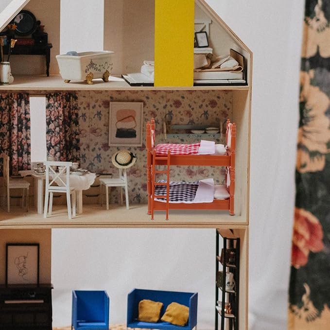 2Pcs Dollhouse Bunk Bed, 4in Mini Calico Bed Furniture, Dollhouse Beds with Ladder, PVC Miniature Doll House Decorative Accessories for Mini Landscape DIY Kit