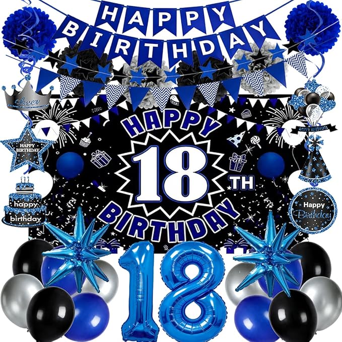 Blue Black 18th Birthday Decorations for Boys, 18 Birthday Banner & Balloons Set with Backdrop, Large 18 Foil Balloon, Hanging Swirls – Complete 18 Year Old Party Supplies.