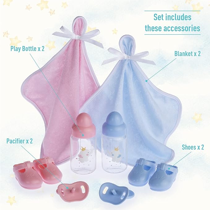 Berenguer Boutique 30050 TWINS- 15” Soft Body Baby Dolls - 12 Piece Gift Set with Open/Close Eyes- Perfect for Children 2+