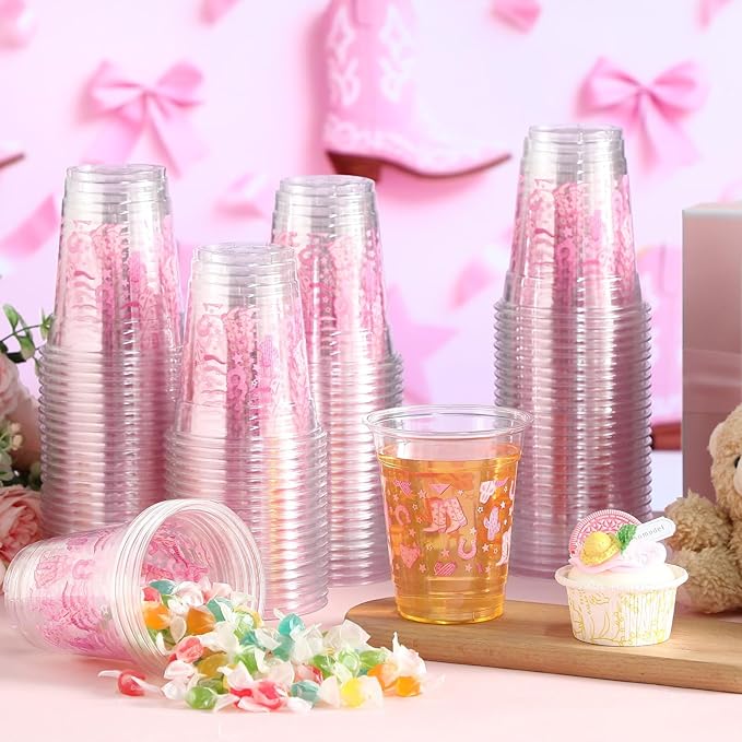 100 Pcs Western Plastic Cups 12 oz Clear Disposable Plastic Cowboy Cowgirl Drinking Cups Bulk for Boho Preppy Baby Shower Birthday Wild West Party Decoration Supplies(Western Cowgirl,Pink)
