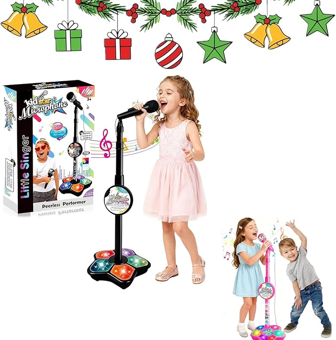 2026 New The All in One Microphone Toy, Star Microphone with Stand, Adjustable Height Kids Karaoke Microphones with Music&Light, Gift for Christmas and Birthday Girls and Boys (Black)
