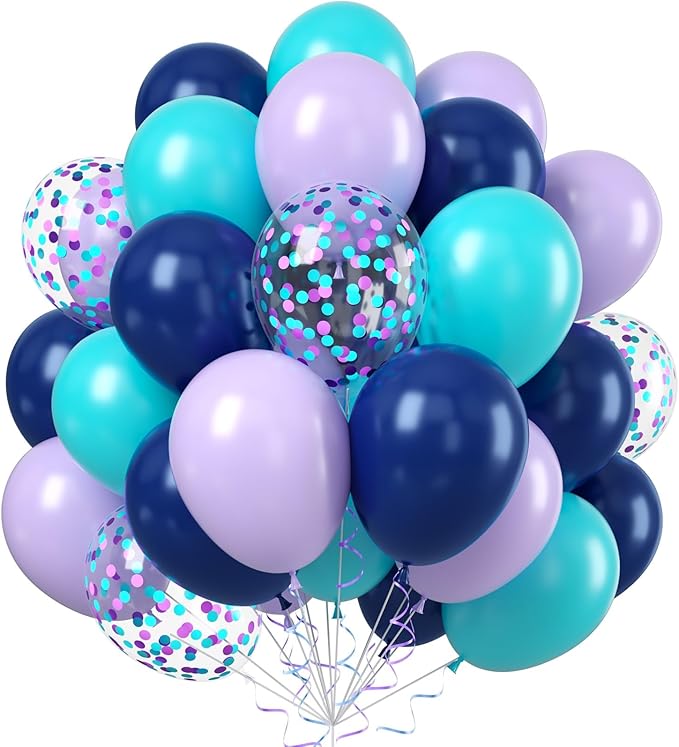 Purple and Blue Balloons, 60pcs 12 Inch Royal Blue Teal Macaron Purple Confetti Birthday Balloons for Girl Fun Theme Birthday Beach-Inspired Party Supplies Baby Shower Party Decorations