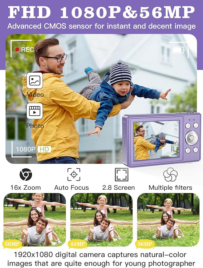 Upgrade Kids Camera, 56MP FHD 1080P with 16x Zoom, Anti Shake, 32GB TF Card, Two Batteries, Lanyard - Compact Small Camera for Kids Boys Girls (Purple)