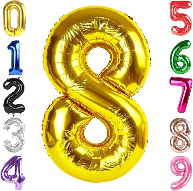40 Inch Gold Number 8 Balloon, Giant 8 Number Balloons for 8th Birthday Decorations, Party Supplies for Baby Boy Girl, Gold Party Decor