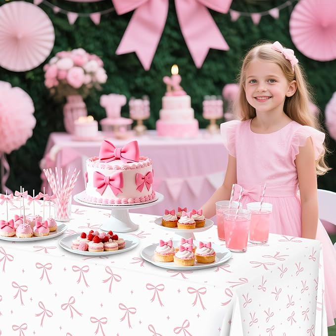 Bow Birthday Decorations, 2PCs Pink-bow Tablecloths Plastic Tablecloth Ideal Table Cover for Bow Themed Party Decorations Themed Parties Girls’ Parties Coquette Birthday Decoration, 54x108Inch