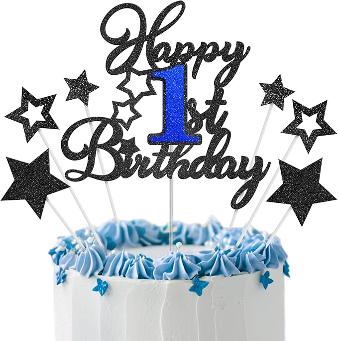 Happy 1st Birthday Cake Topper, One Cake Topper 1st Birthday Boy, Black Blue Glitter Cake Decoration, First Birthday Cake Topper, 1 Years Old Baby Birthday Party Cake Decor Supplies