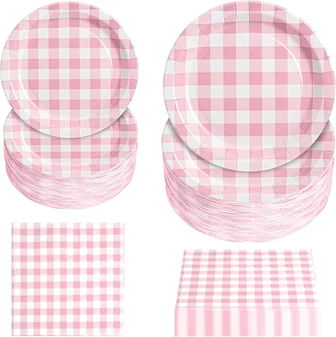 180Pcs Pink Gingham Party Supplies Paper Plates and Napkins Serve 60 Disposable Tableware Set for Birthday Party Decorations Game Day Family Holiday Sports Events