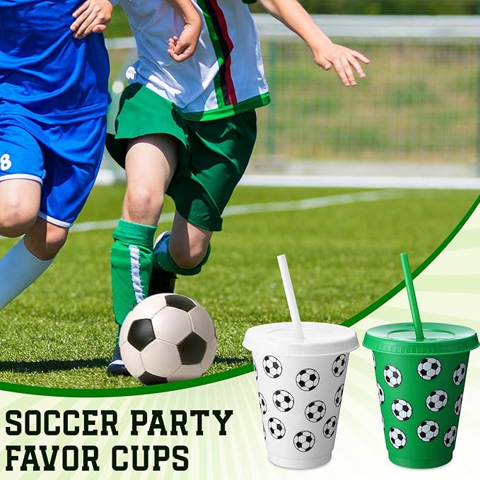 Sieral 30 Pcs Soccer Cups with Straws and Lids 16 oz Soccer Cups White Green Plastic Tumblers Reusable Iced Coffee Travel Mug for Sport Theme Party Supplies Decorations