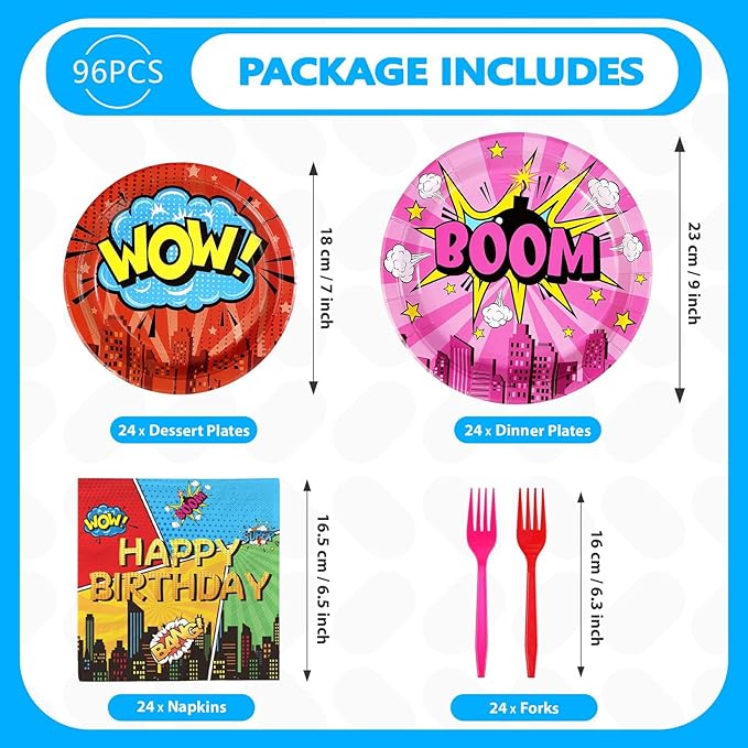 96Pcs Super Theme Hero Party Decorations Colorful Comic Hero Plates and Napkins Dessert Tableware Sets Super Theme Hero Birthday Decorations Favors for Kids Baby Shower Spider Party Supplies Serve 24
