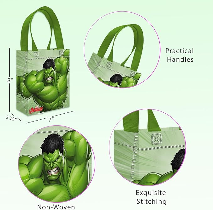 Hulk Party Favor Bags Set – 24 Pack 8" Marvel Goodie Bags for Kids Bulk Reusable Mini Totes | Avengers Incredible Hulk Birthday Party Supplies