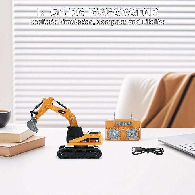 BRRRRT 1/64 Remote Control Excavator,Remote Control Construction Vehicles with Metal Shovel,Type-C Direct Charging RC Excavator,Birthday Gifts for Boys and Girls Age 3+