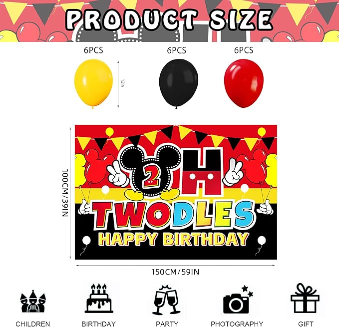 Cartoon 2nd Birthday Party Decorations – 5x3FT Backdrop Banner with 18 Black Red Yellow Balloons, Cute Mouse Theme Photo Props Background for “Oh Two” Party Celebration Supplies