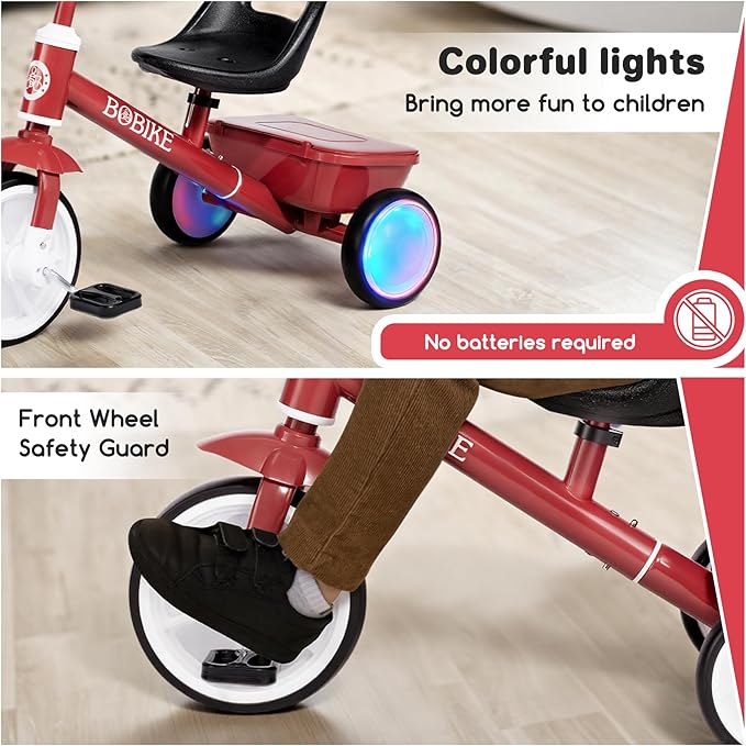 Bobike Toddler Tricycle for Ages 2-5 Years, Tricycle with 2 LED Light Wheels, Toddler Bike with 3-Position Seat and Rear Basket, Kids Bike Gift for Boys & Girl (Red)