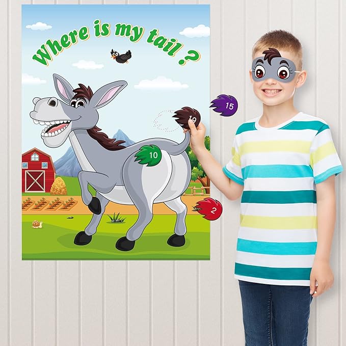 ASTARON Pin The Tail on The Donkey Game with 30 Tail Stickers for Birthday Party Carnival Circus Supplies