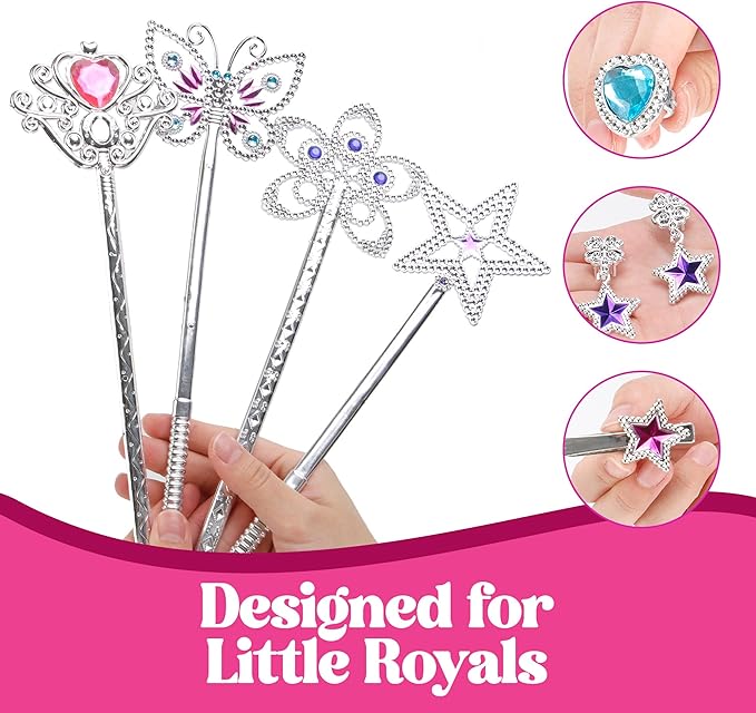 Liberty Imports 50 PCS Princess Jewelry Dress Up Accessories, Pretend Play Set Jewelry Party Favors for Girls Cosplay Party Favors with Crown Wand Ring Earring Necklace