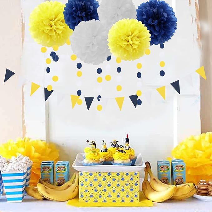 Navy-Blue White-Yellow Graduation Party Decorations - 23pcs Tissue Pom Poms Streamers,Birthday Tassel Garland Banner,Wedding Engagement Baby Bridal Shower Decor Ouruola