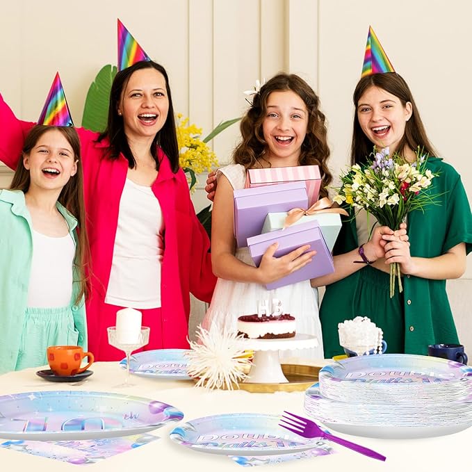 96 Pcs 10th Birthday Party Supplies Iridescent Double Digits Birthday Girl Plates and Napkins Tableware Set In My Double Digits Era Party Decor for 10 Year Old birthday Decorations Girl Boy Serves 24