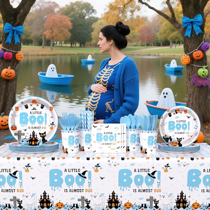 194Pcs Halloween Baby Shower Decorations for Boy A Little Boo is Almost Due Baby Shower Party Plates, Cup, Napkin, Tablecloth, Tableware, Halloween Themed Party Supplies Plates Serve 24 Guests