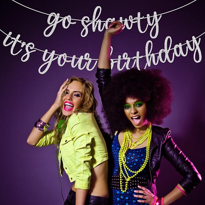 Go Shawty It's Your Birthday Banner, Hip Hop Birthday Party Decorations Supplies, Rap Theme Bday Bunting Sign, Pre-strung, Photo Props (Silver)