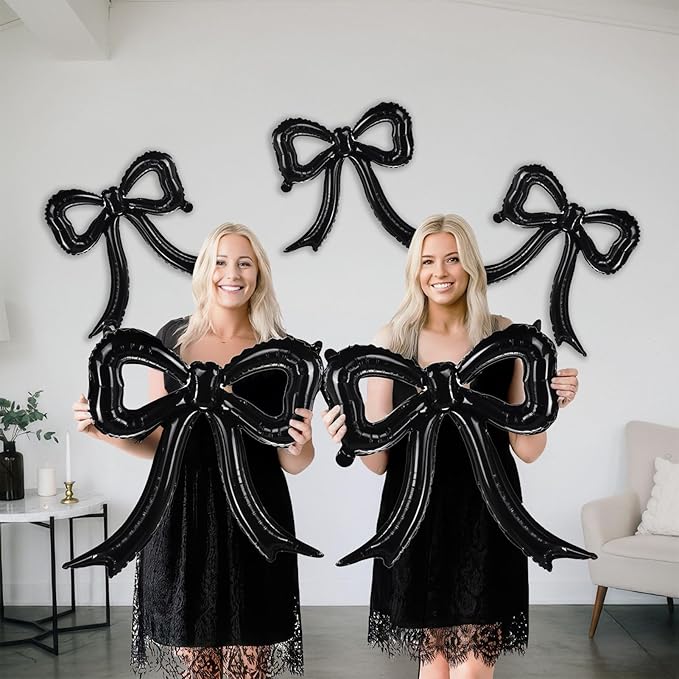 5 Pcs Black Bow Balloons Bow Party Decorations for Girl Women Black Bow Birthday Decorations Giant Foil Balloon for Baby Shower Bridal Engagement Wedding Decor Bachelorette Party Supplies